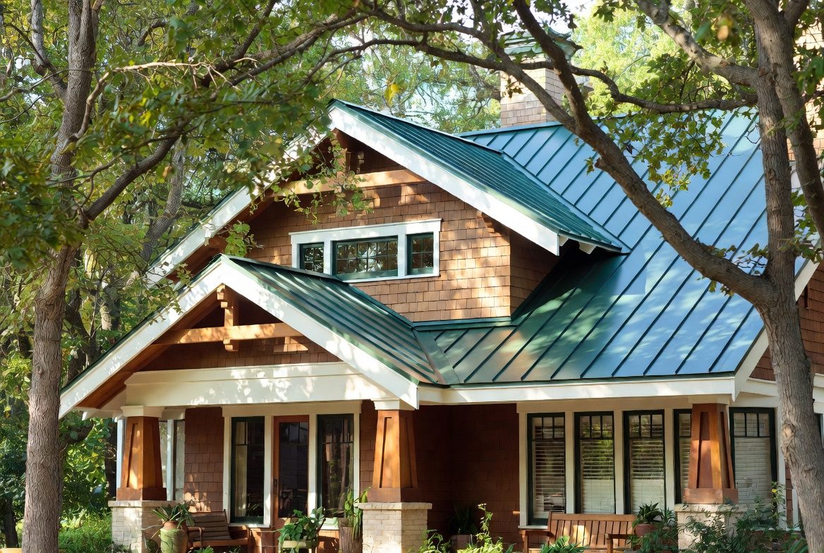 Craftsman home with green standing-seam metal roof