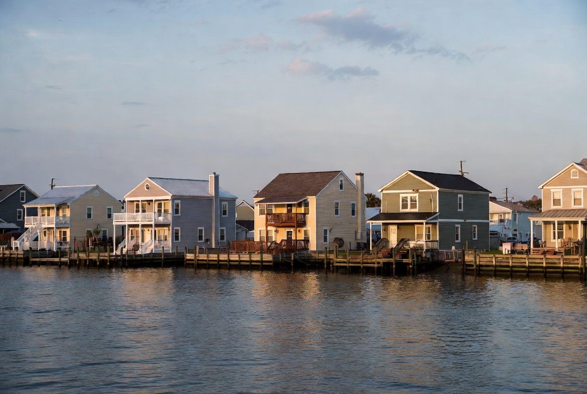 Waterfront homes along Mobile Bay at sunset, Mobile County, Alabama