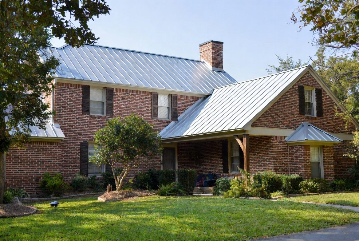 Brick home with silver standing-seam metal roof installed